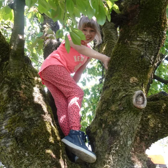 Ein kleines Mädchen in einem rosa Shirt und Hose klettert auf einen Baumstamm. Sie lächelt und schaut nach oben.