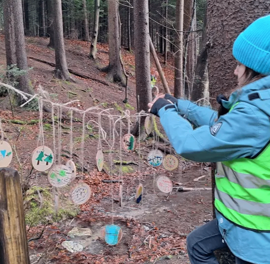 Eine Frau mit einer grünen Weste hängt runde Dekorationen an einen Baum im Wald.