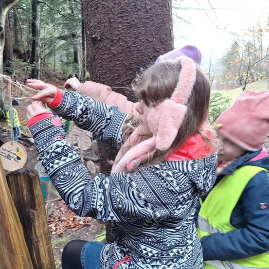 Drei Kinder im Wald, wobei ein Mädchen auf einen Baum zeigt, während ein anderes ein Seil hält. Ein Holzpfosten mit einem Schild ist in der Nähe.