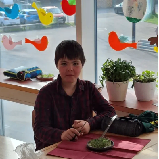 Ein junger Mensch sitzt an einem Tisch mit einem roten Tuch und hält ein Messer. Sie ist von Pflanzen umgeben, und eine bunte Vogeldekoration hängt am Fenster.