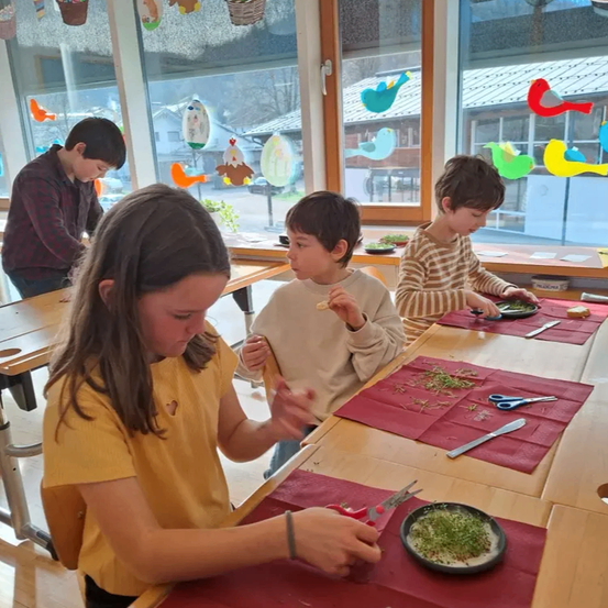 Vier Kinder bereiten eine Mahlzeit an einem Tisch in einem Klassenzimmer mit großen Fenstern zu, ein Kind schneidet Kräuter mit einer Schere.
