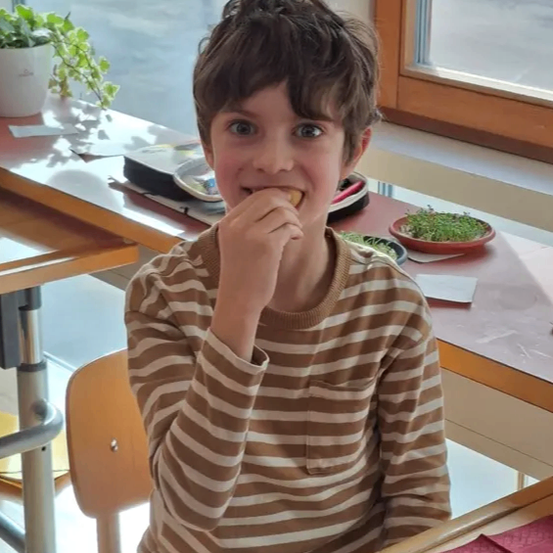 Ein Junge sitzt am Tisch und isst. Er trägt ein gestreiftes Hemd. Auf dem Tisch stehen Pflanzen in Töpfen und Schüsseln. Das Fenster hinter ihm zeigt einen Blick nach draußen.