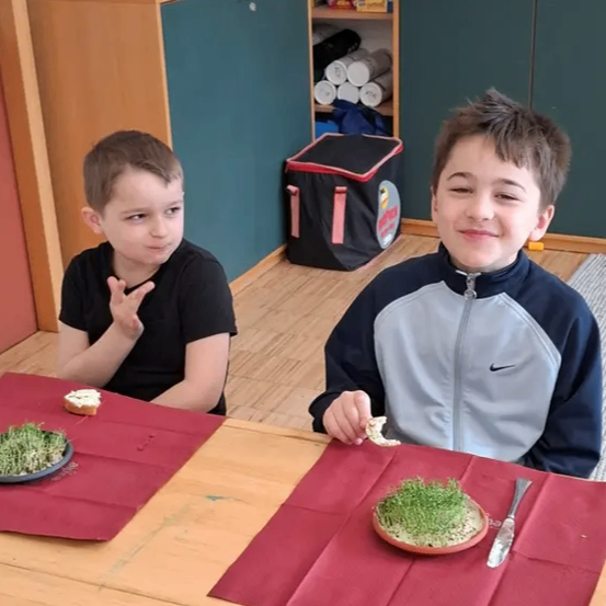 Zwei Jungen sitzen an einem Tisch mit Gras auf ihren Tellern und lächeln. Der Junge auf der rechten Seite hat eine Gabel.