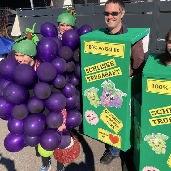 Eine Gruppe von Menschen, die für einen Karneval in Kostümen gekleidet sind. Eine Person trägt ein Traubenkostüm, eine andere ein Boxenkostüm, und ein Mann mit Sonnenbrille ist ebenfalls anwesend.