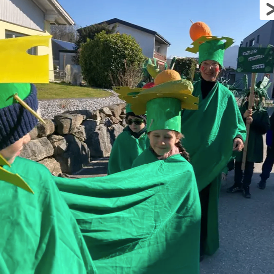 Eine Gruppe von Menschen in grünen Kostümen mit orangefarbenen Hüten läuft in einer Parade auf einer Straße.