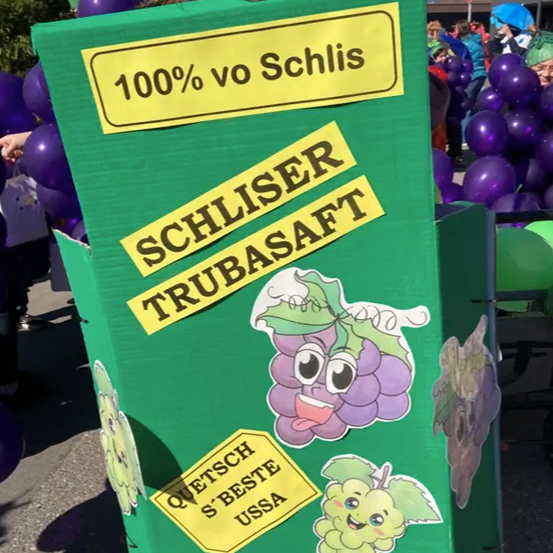 Eine Person mit einem Kostüm aus Pappkartons, verziert mit Stik­kern von Trauben, einschließlich eines mit der Aufschrift '100% vo Schlis'. Im Hintergrund sind Leute mit lila Luftballons zu sehen.