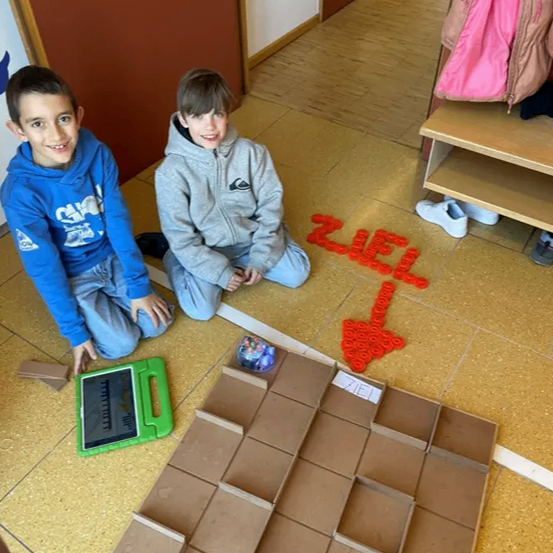 Zwei junge Jungen sitzen mit einem großen Kartonlabyrinth vor sich auf dem Boden. Sie lächeln und scheinen ein Spiel zu spielen.