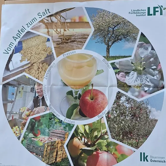 Ein Lehrposter zeigt den Prozess der Herstellung von Apfelsaft. Es enthält Bilder von Äpfeln, Pressen und dem Saft in einem Glas. Das Poster wird vom 'Landlichen Fortbildungsinstitut' gesponsert.
