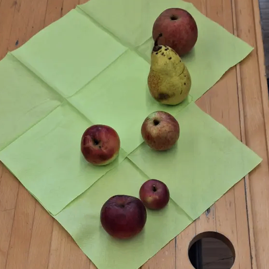 Fünf Früchte auf einem Holztisch: eine Birne und vier Äpfel, angeordnet auf grünem Papier. Der Tisch hat ein Loch.