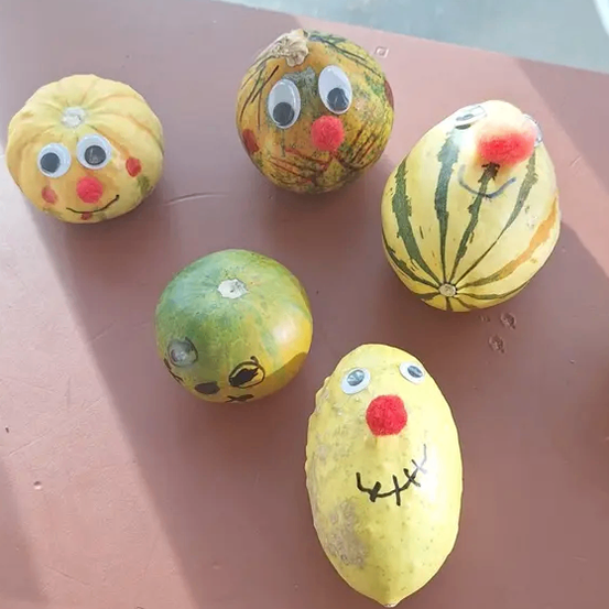 Fünf bemalte Kürbisse sind ausgestellt. Vier sind gelb und einer ist grün, alle mit bemalten Gesichtern und Augen.