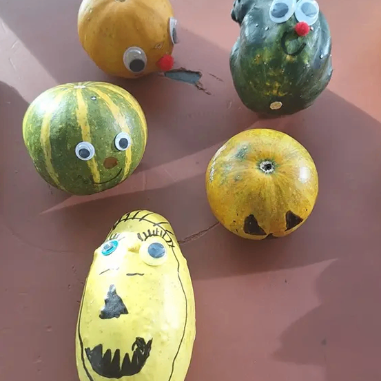 Fünf bemalte Kürbisse mit Augen und Gesichtern auf einem Tisch, einschließlich eines gelben Kürbisses mit rotem Schnabel und Augen.