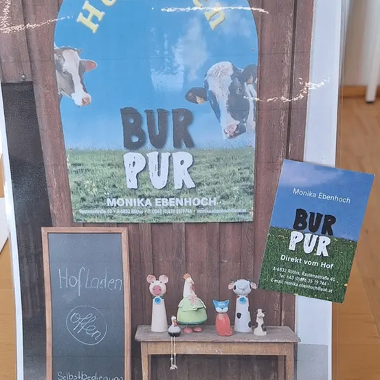 Ein gerahmtes Bild einer Bauernhofszene mit einer Scheunentür, Kuh und 'BUR PUR' Text. Unten steht ein Tafel mit 'Hofladden' und 'Selbstbedienung'. Ein Buch mit 'BUR PUR' ist rechts. Miniaturtiere sitzen auf einem kleinen Tisch.
