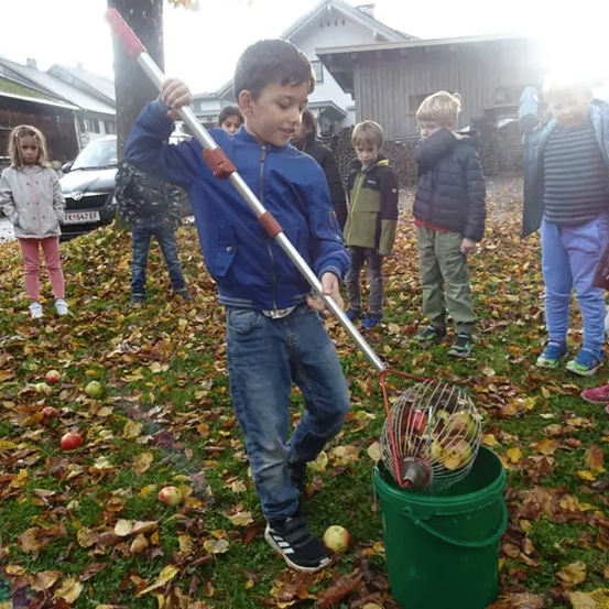 Ein Junge in einem blauen Mantel benutzt einen langen Apfelpflücker, um Äpfel in einen grünen Eimer zu sammeln. Andere Kinder beobachten im Hintergrund.