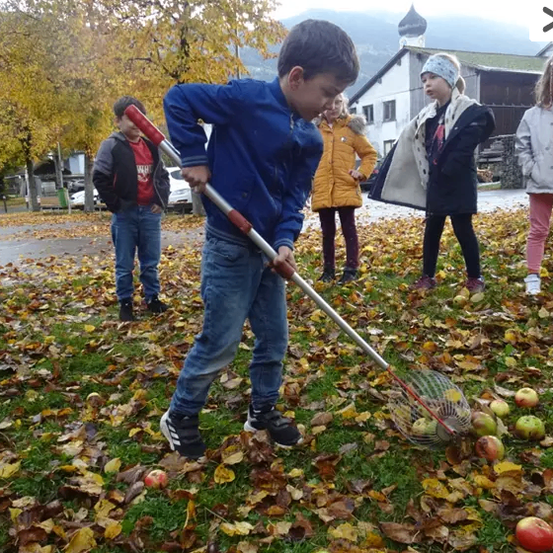 Ein Junge pflückt Äpfel mit einem Rechen auf dem Rasen. Mehrere Kinder und Erwachsene stehen um ihn herum. Das Wetter ist sonnig, und es gibt gefallene Blätter auf dem Boden.