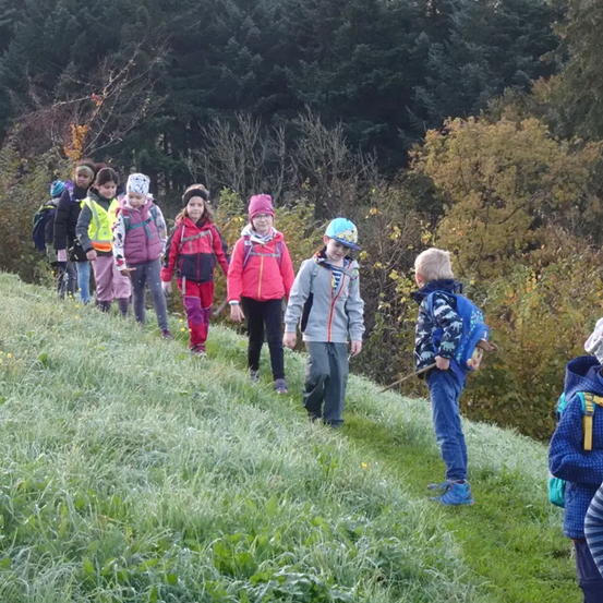 Eine Gruppe von Kindern mit Rucksäcken geht einen Grashügel hinauf, umgeben von Bäumen und Büschen. Sie sind in warme Kleidung gekleidet.