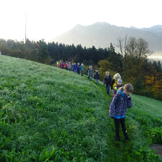 Eine Gruppe von Kindern wandert einen grünen Hügel hinauf, mit Bergen im Hintergrund. Sie tragen Jacken und Helme. Das Gras ist hoch und grün.