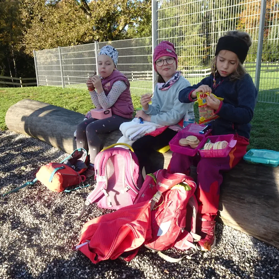 Drei Mädchen sitzen auf einem Baumstamm in einem Park und essen Snacks. Sie haben rosa Rucksäcke und sind von Schulsachen umgeben. Das Mädchen auf der rechten Seite hält eine Tüte mit Süßigkeiten. Hinter ihnen steht ein Metallzaun und ein Rasenbereich.