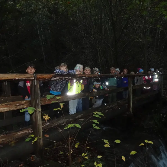 Eine Gruppe von Kindern steht auf einer Holzbrücke über einem Bach, einige mit Taschenlampen, und blickt in den dunklen Wald.
