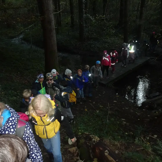 Eine Gruppe von Menschen überquert bei Nacht einen Holzsteg über einem Bach im Wald, trägt Jacken und Helme, einige mit Taschenlampen.