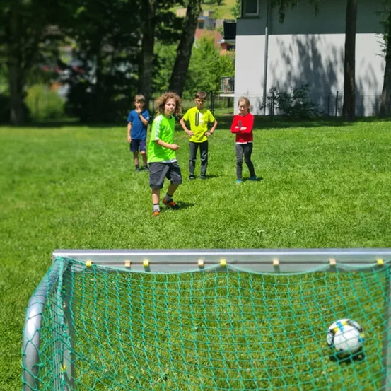 Fünf Kinder in bunten Shirts spielen auf einer Rasenfläche Fußball, mit einem Tor im Vordergrund.