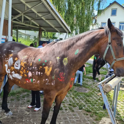 Ein braunes Pferd mit farbenfrohen Graffiti steht in der Nähe eines Gebäudes. Eine Person in Turnschuhen steht in der Nähe.