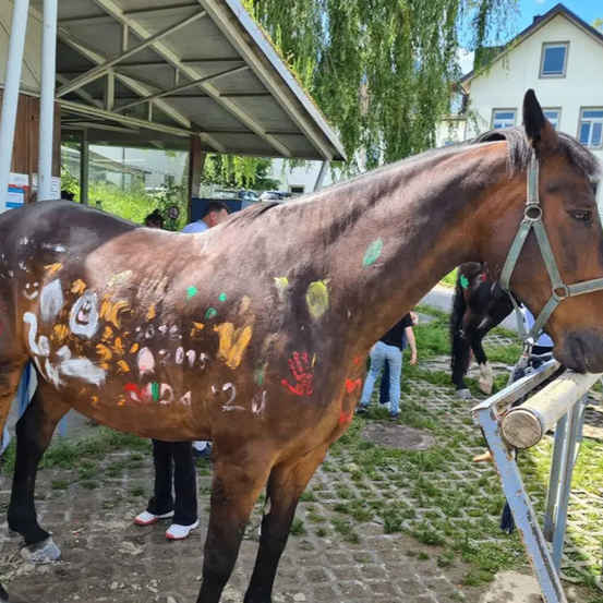 Ein braunes Pferd mit farbenfrohen Graffiti steht in der Nähe eines Gebäudes. Eine Person in Turnschuhen steht in der Nähe.