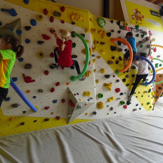 Vier Kinder klettern an einer bunten Kletterwand mit verschiedenen Griffen und Fußhaken. Die Wand ist gelb und weiß, und unten befindet sich ein Sicherheitsnetz.