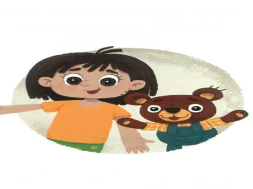 Eine Illustration einer jungen Frau mit schwarzen Haaren und einem orangefarbenen T-Shirt, die einen braunen Teddybären in einer blauen Latzhose hält.