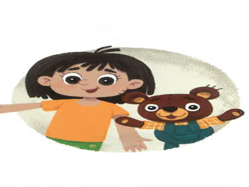 Eine Illustration einer jungen Frau mit schwarzen Haaren und einem orangefarbenen T-Shirt, die einen braunen Teddybären in einer blauen Latzhose hält.