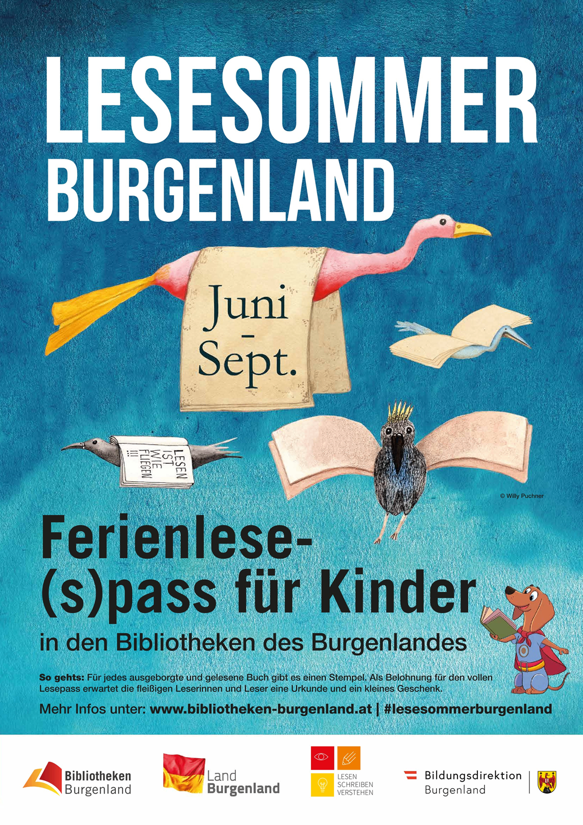 Werbeplakat für ein Sommerleseprogramm für Kinder in Burgenland, mit einem Vogel, der ein Buch hält, und einem Hund, der liest, mit Text auf Deutsch.