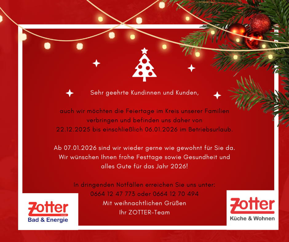 Weihnachtsbaum auf rotem Hintergrund mit Dekorationen. Nachricht vom Zotter-Team für Kunden. Betriebsurlaub vom 22.12.2025 bis 06.01.2026. Kontaktnummern angegeben.