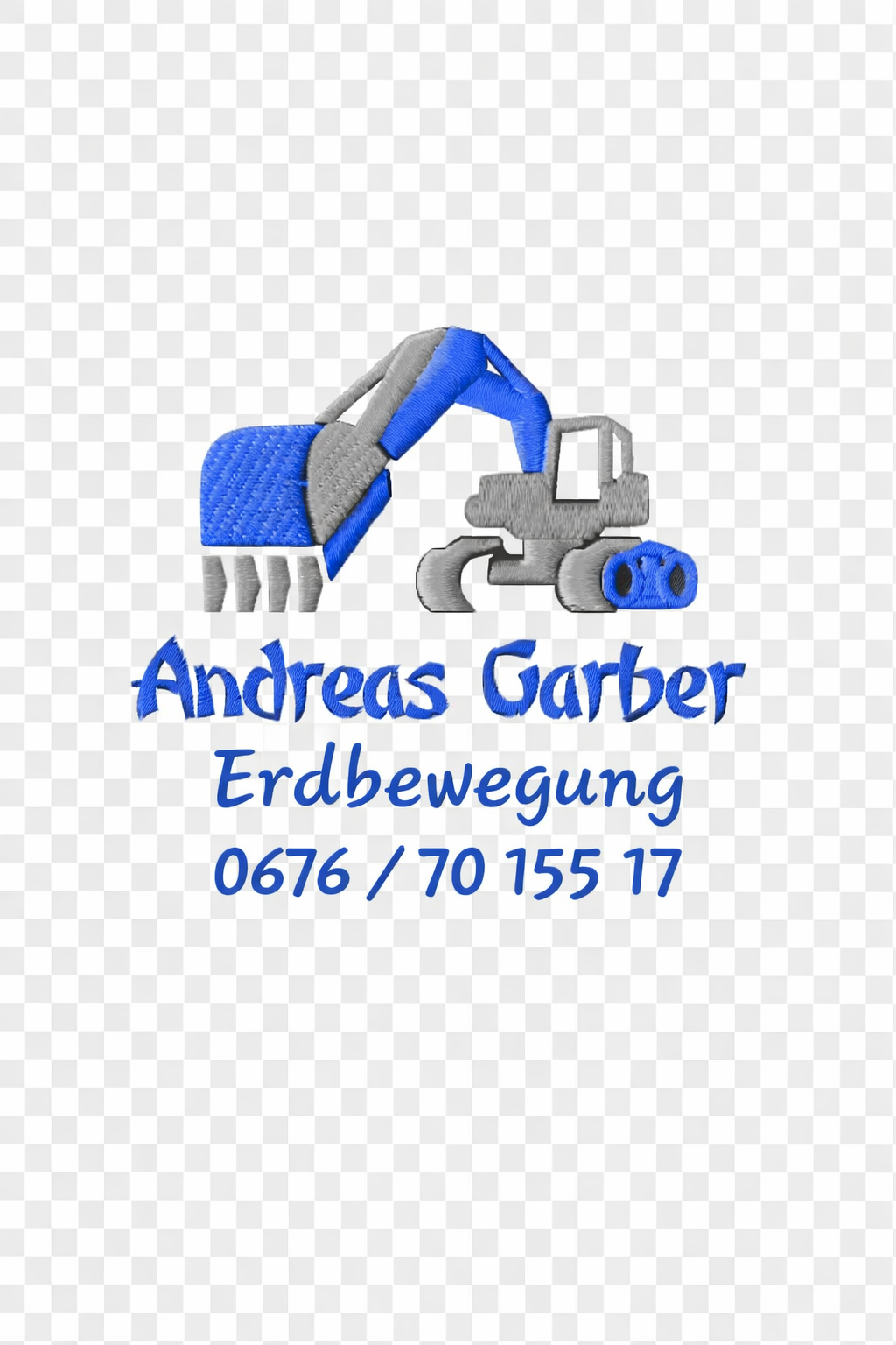 Ein Bild eines blauen Bagger-Logos von Andreas Garbe, spezialisiert auf Erdbewegung, mit der Kontaktnummer 0676/7015517.