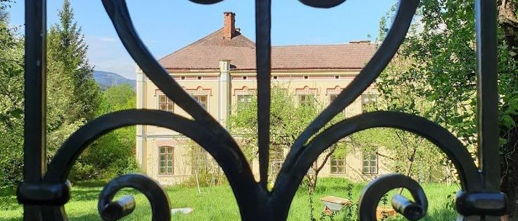 Ein altes Haus mit Schornstein, umgeben von Bäumen und Gras, durch ein dekoratives schwarzes Tor betrachtet.