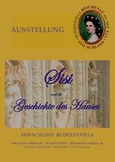 Ein gelbes Plakat für eine Ausstellung mit dem Titel 'Sisi und die Geschichten des Hauses' zeigt ein Bild einer Frau mit einem Logo darüber.