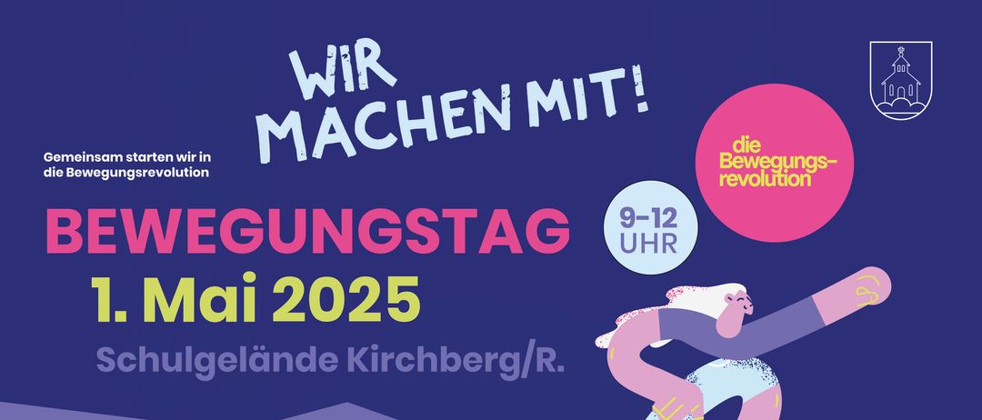 Poster mit blauem Hintergrund und pinkem, weißem und gelbem Text. Es steht: 'Wir machen mit! Bewegungstag 2025 9-12 Uhr'. Darunter ist ein stilisiertes Bild einer Frau.