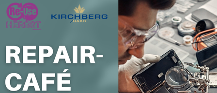 Das Reparatur Cafe Plakat zeigt eine Veranstaltung am Freitag, 25. September 2026, von 14 bis 17 Uhr, bei ASZ Kirchberg. Es bietet Reparaturen für Elektronik und Kleidung bei Kaffee.