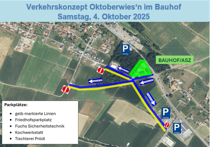 Karte zeigt Verkehrskonzept für Oktober-Wiesen im Bauhof, Samstag, 4. Oktober 2025. Gelbe und blaue Linien zeigen Routen. Parkplätze sind markiert.