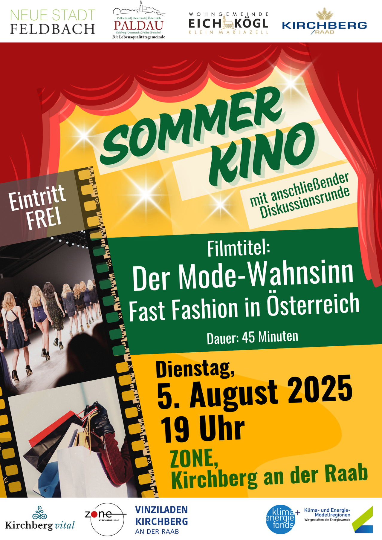 Werbeplakat für eine kostenlose Eintrittsveranstaltung des Sommerkinos am 5. August 2025 um 19 Uhr. Der Film 'Der Mode-Wahnsinn Fast Fashion in Osterreich' läuft 45 Minuten und beinhaltet eine Diskussionsrunde.