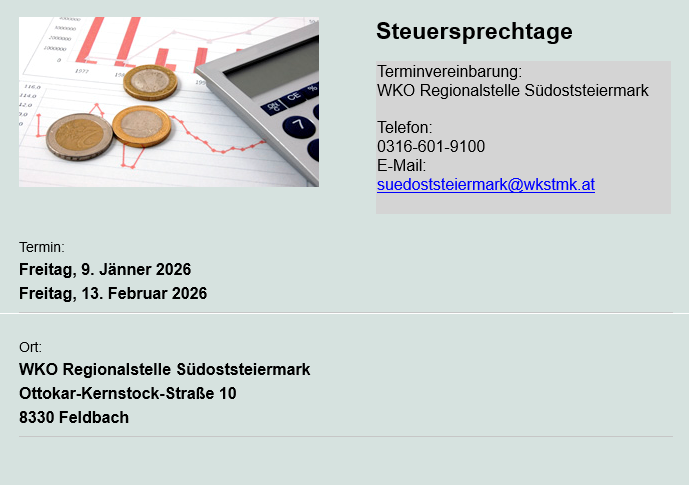 Plakat für Steuerberatungstermine am 9. Januar und 13. Februar 2026 bei der WKO Regionalstelle Südoststeiermark. Kontaktdaten und Standort angegeben.