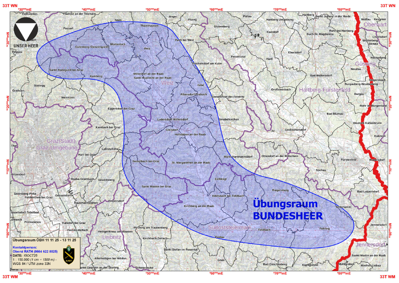 Eine Karte mit einer blauen Linie, die eine Grenze markiert und 'Ubungsraum BUNDESHEER' beschriftet, sowie mehrere Orte wie Leitznitz, Graz und Feldbach innerhalb der Grenze. Die Karte enthält Koordinaten und einen Maßstab.