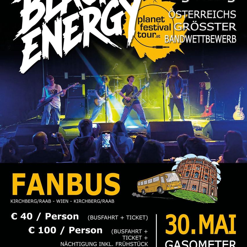 Eine Band spielt auf der Bühne mit Gitarren, mit einer Busgrafik und dem Veranstaltungsdatum vom 30. Mai 2023. Der Preis von 40 € pro Person beinhaltet Busfahrt und ein Ticket.