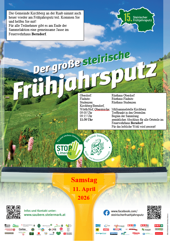 Plakat für die große steirische Frühjahrsputzaktion am Samstag, 11. April 2026. Orte umfassen Oberndorf, Fladnitz, Studenzen, Kirchberg/Bergdorf, Worth/Oberstorff, Kirchberg. Treffpunkte und Startzeiten angegeben. Stop Littering Logo enthalten.