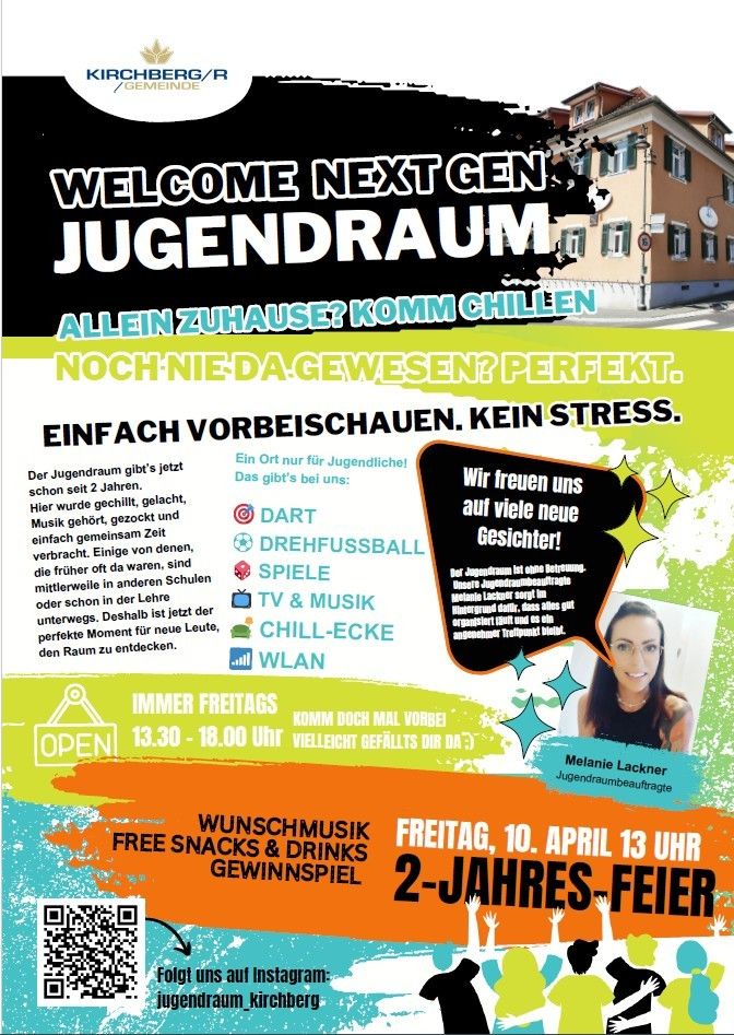 Willkommen im Next Gen Jugendraum, ein Ort nur für Jugendliche. Offen freitags von 13:30 bis 18:00 Uhr. Mit Dart, Drehfussball, TV, Musik, Chill-Ecke und WLAN. Kostenlose Snacks, Getränke und ein Geburtstagsfest am 10. April um 13 Uhr.