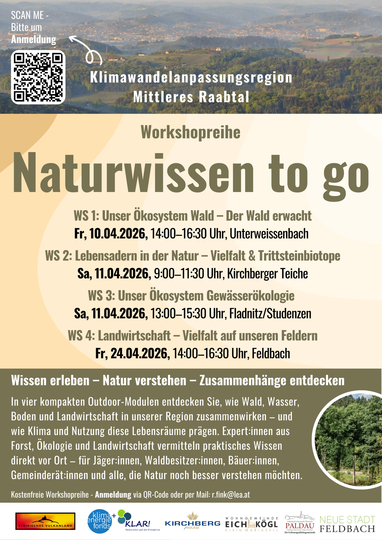 Ein Flyer bewirbt eine Reihe von Naturworkshops in der Region Mittleres Raabtal. Workshops behandeln Themen wie Ökosystem Wald, Biodiversität und Landwirtschaft. Termine und Orte sind angegeben.