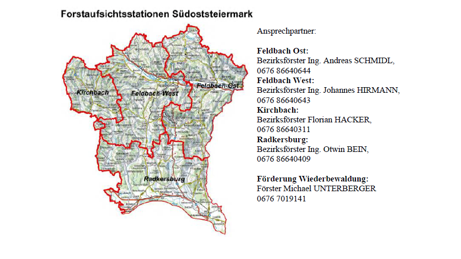 Eine Karte, die die Forstaufsichtsstationen von Feldbach Ost, Feldbach West, Kirchbach und Radkersburg zeigt. Kontaktdaten für jede Station sind angegeben.