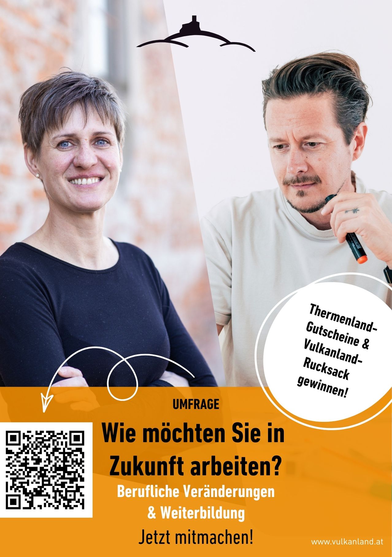 Ein Bild einer Umfrage zeigt eine Frau und einen Mann. Die Frau lächelt und der Mann hält einen Stift. Der Text lautet 'Wie möchten Sie in Zukunft arbeiten?' und enthält einen QR-Code.