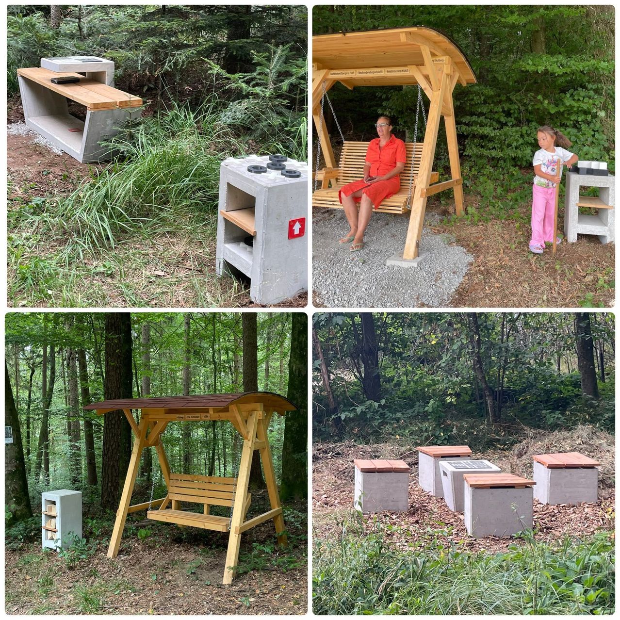 A collage of four images showcasing various outdoor wooden structures in a forest setting. The first image shows a concrete bench with a wooden top. The second image features a woman sitting on a wooden swing with a small table beside her. The third image displays a wooden swing with a roof, and the fourth image shows a group of concrete blocks with wooden tops.