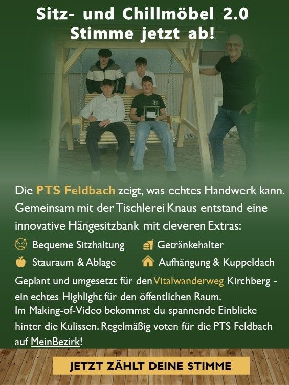 Eine Gruppe von Menschen sitzt auf einer Schaukel, mit einem Mann dahinter. Ein Banner zeigt Sitz- und Chillmöbel 2.0. Auf der Webseite ist ein Video verfügbar für weitere Details.
