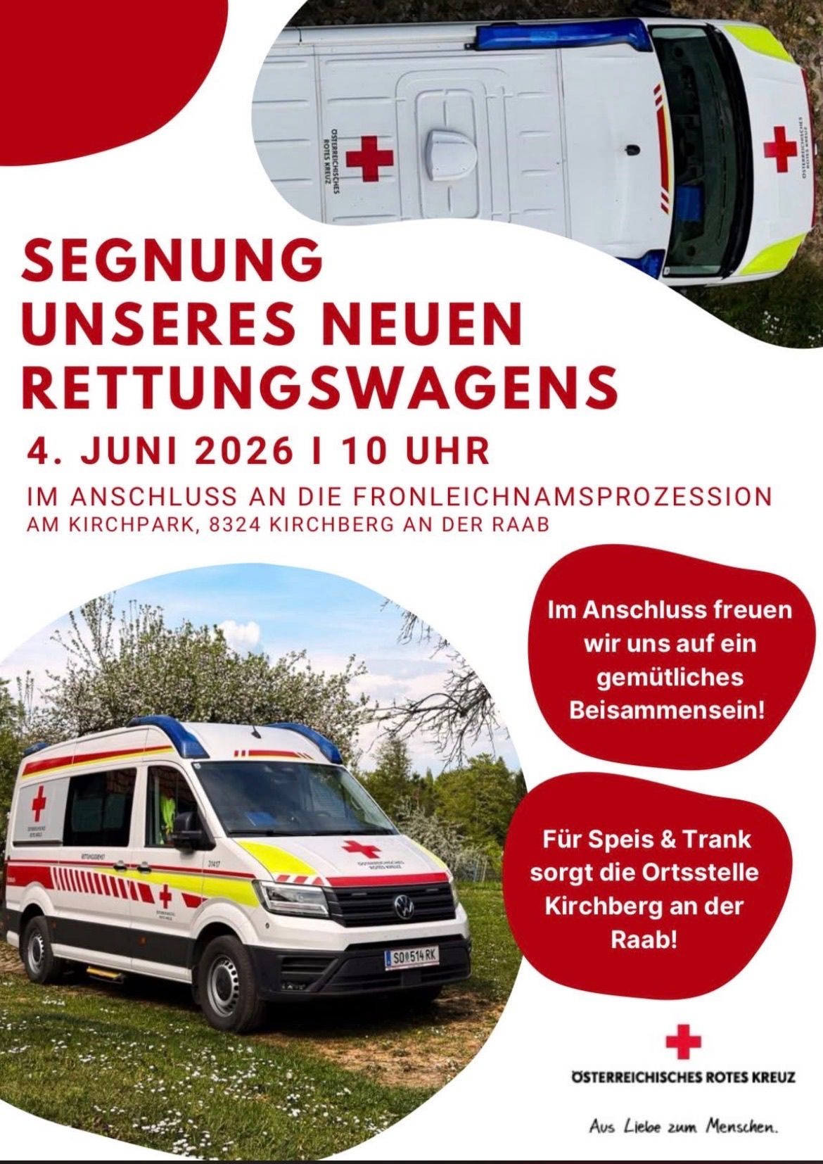Ein Krankenwagen mit rotem Kreuz-Symbol ist geparkt. Die Veranstaltung ist für die Segen eines neuen Rettungswagens am 4. Juni 2026 um 10 Uhr am Kirchpark, 8324 Kirchberg an der Raab.