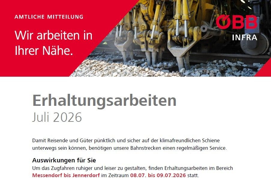 An image shows a train track with a yellow construction machine. It reads, 'Official Notice: We work in your vicinity.' Below, it states, 'Maintenance work in July 2026.' It explains that for punctual and safe travel, regular maintenance is required.